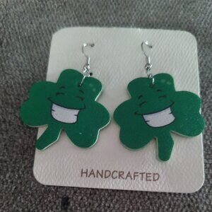 2   PAIRS.  GREEN SHAMROCK SMILING. FAUX LEATHER TEARDROP EARRINGS